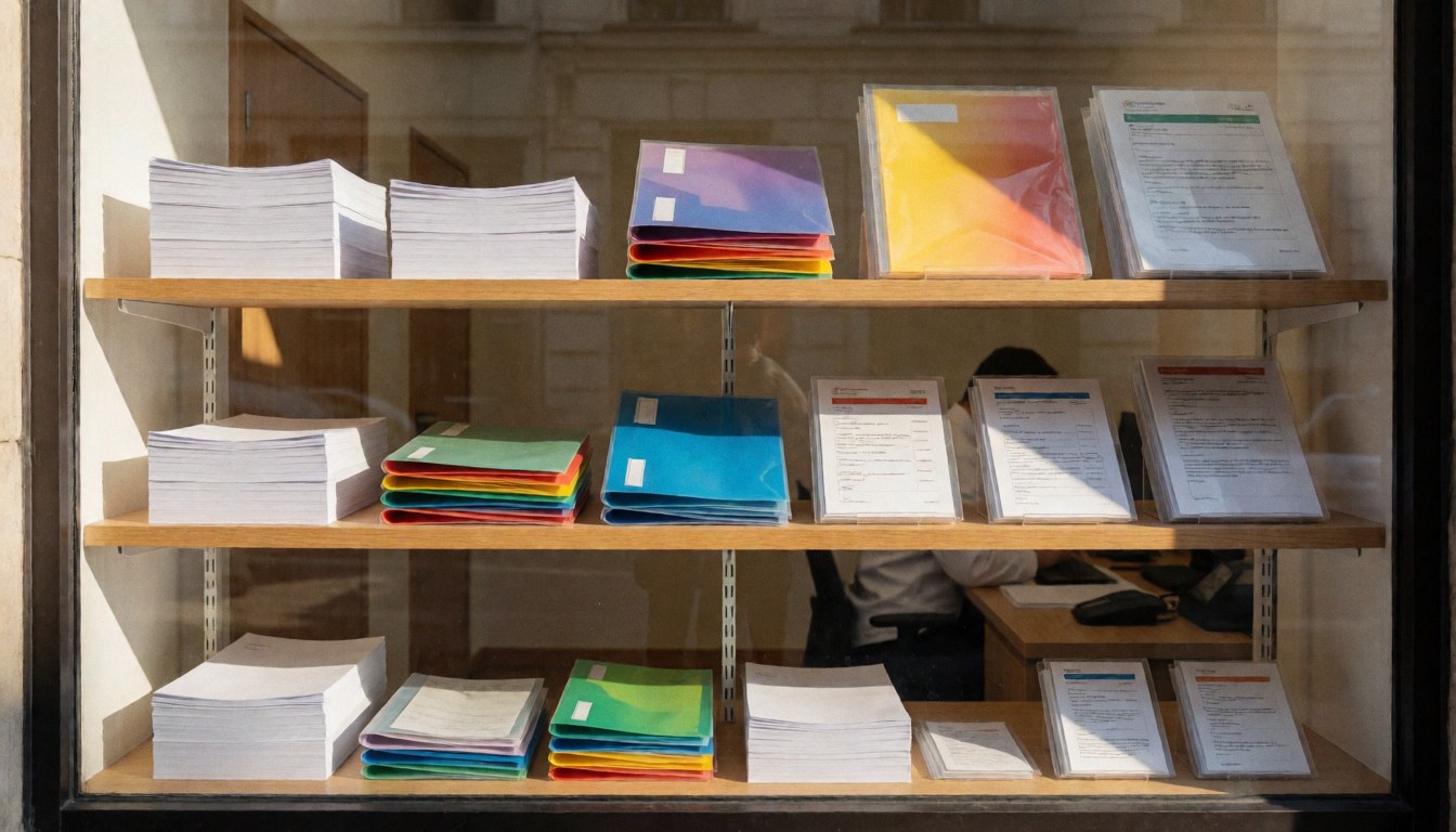 Vue intérieure d'un bureau lumineux avec des étagères en bois contenant des papiers et des classeurs plastiques, une personne travaille au fond.