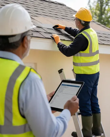 Un technicien sur le toit examine la couverture avec une tablette tandis qu'un collègue en gilet et casque observe depuis une échelle, sous une lumière naturelle.