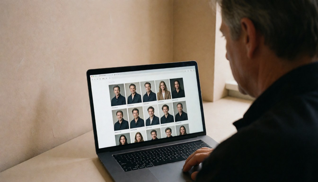 Un photographe examine sa galerie de portraits sur un ordinateur portable dans un studio aux murs beige, idéal pour une page d'accueil de site web.