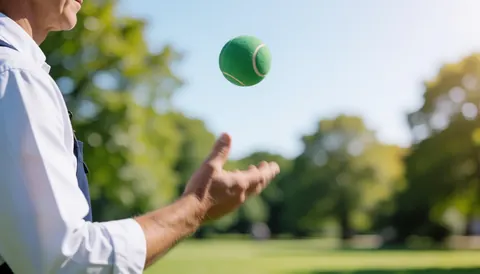 Main d'adulte lançant une balle de tennis verte dans un parc ensoleillé, idéal pour un service en action.