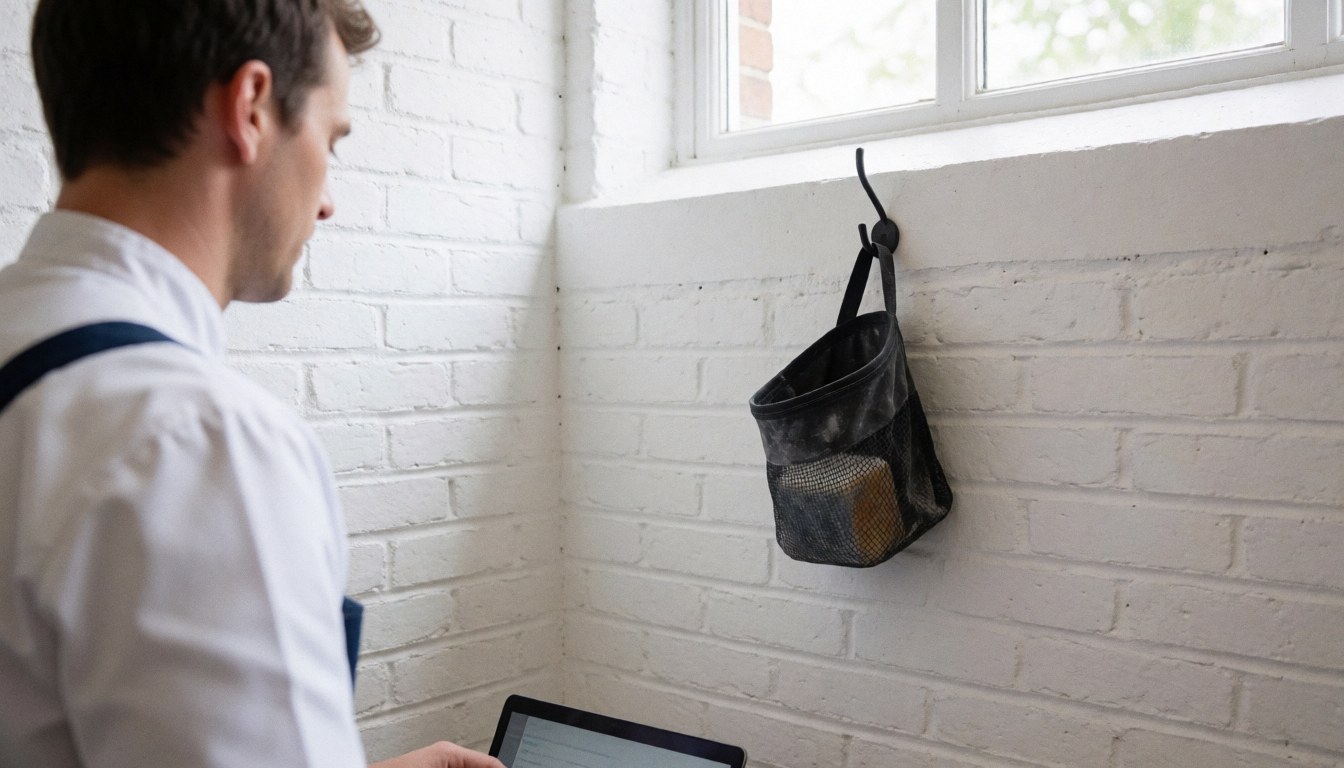 Un homme en gilet de travail consulte une tablette dans un gymnase d'escalade avec un mur en briques blanches et un sac de magnésie suspendu.