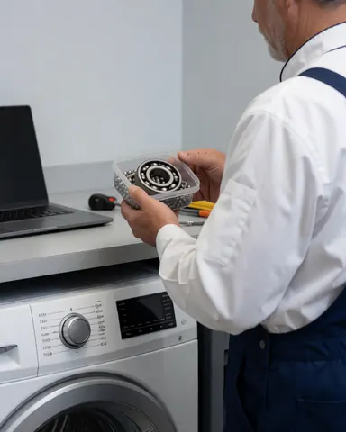 Technicien de réparation examine les roulements d'une machine à laver avec des outils et un ordinateur dans l'atelier