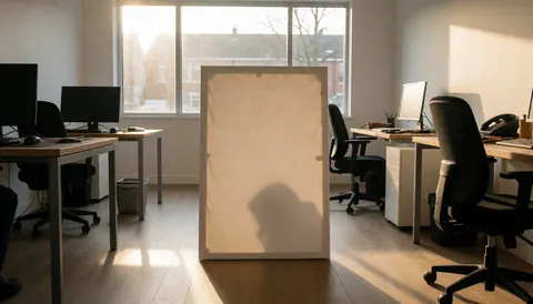 Toile blanche posée dans un studio d'art moderne baigné de lumière de coucher de soleil, idéale pour illustrer un cours de couture.