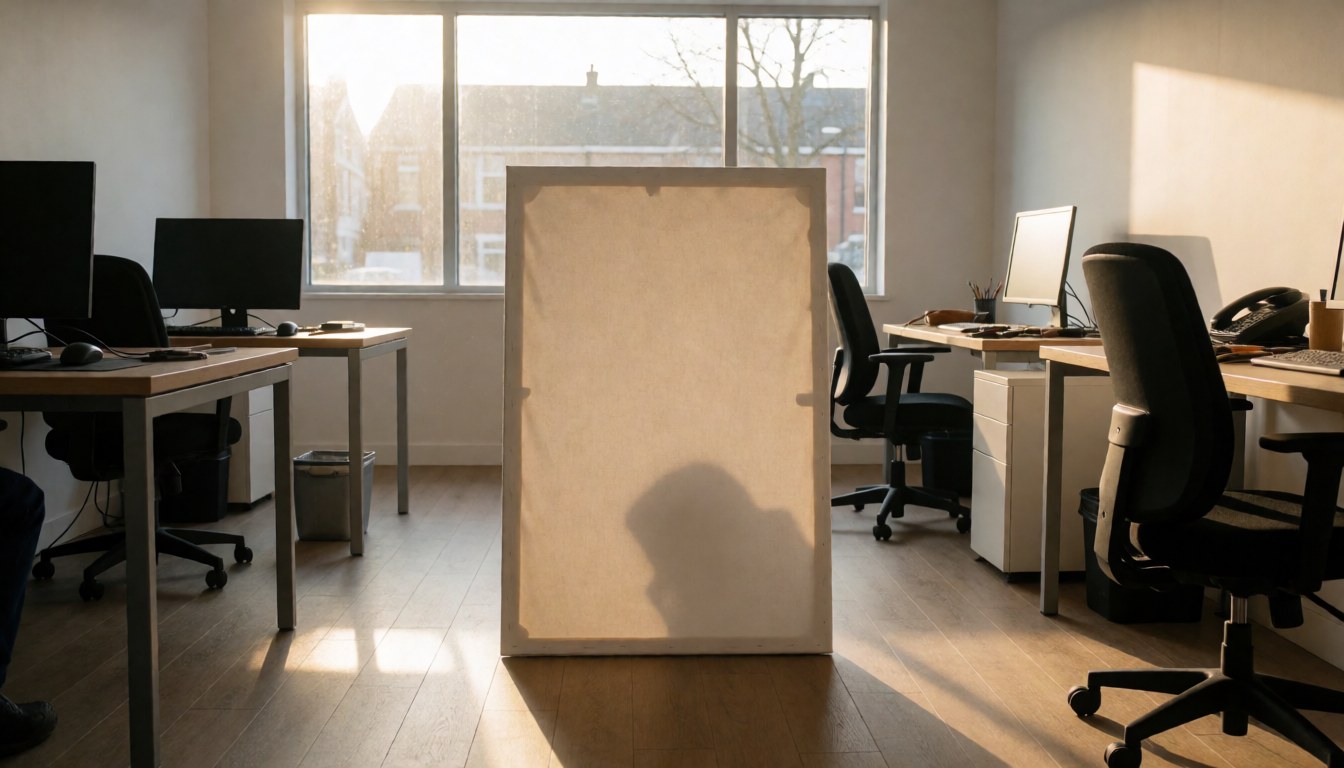 Toile blanche posée dans un studio d'art moderne baigné de lumière de coucher de soleil, idéale pour illustrer un cours de couture.