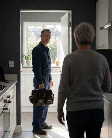 Un technicien en uniforme bleu tenant une mallette de réparation salue un client dans une cuisine équipée de placards blancs et de murs gris anthracite.
