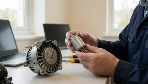 Technicien tenant un condensateur neuf près d'un moteur de ventilateur démonté sur une table de travail éclairée par la lumière naturelle.