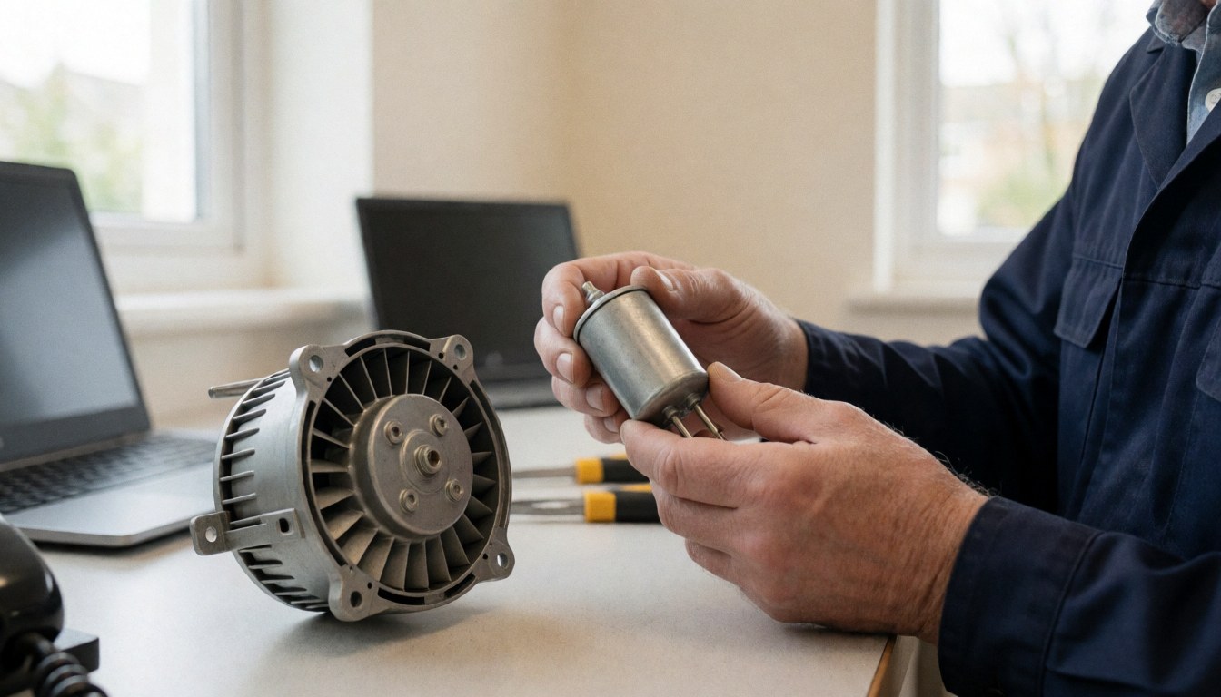 Technicien tenant un condensateur neuf près d'un moteur de ventilateur démonté sur une table de travail éclairée par la lumière naturelle.