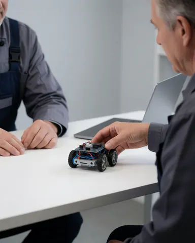 Un client adulte guide un robot avec un circuit visible sur une table blanche dans un atelier de robotique, dans un environnement propre et professionnel.