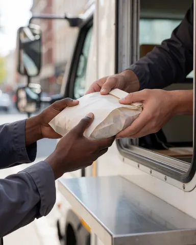 Des mains échangent un emballage de repas à travers la fenêtre d'un véhicule de restauration mobile stationné en milieu urbain.