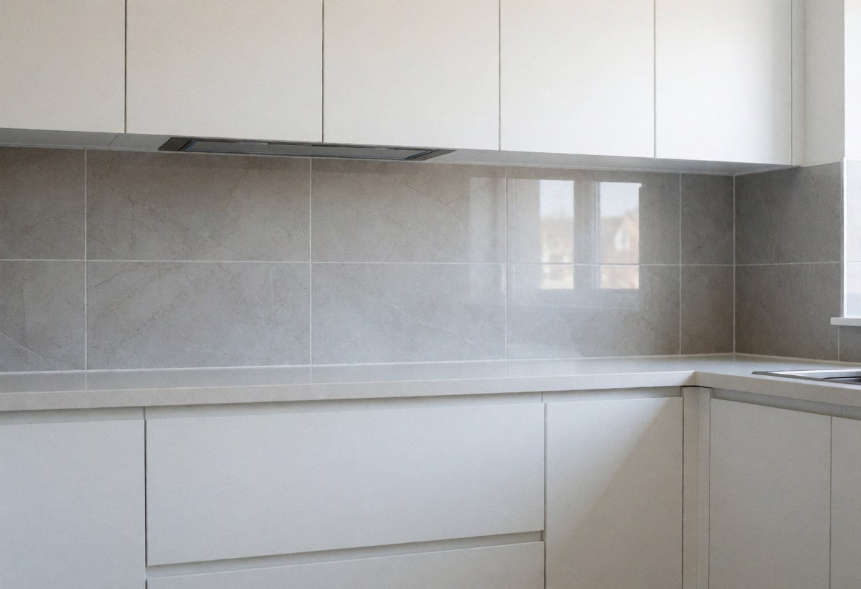 Cuisine contemporaine équipée de carrelage gris, de placards blancs et d'une fenêtre laissant entrer la lumière naturelle, idéale pour un carreleur.