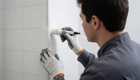 Un professionnel applique soigneusement du silicone blanc sur les joints de carrelage avec un pinceau, assurant un fini propre et étanche dans une salle de bain aux murs blancs.