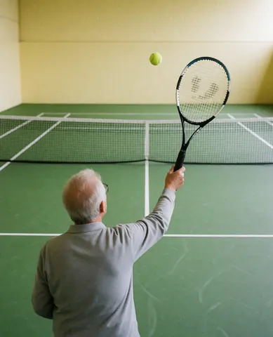 Un homme âgé effectuant un service de tennis sur un court intérieur aux murs jaunes et au sol vert, tenant une raquette et une balle.