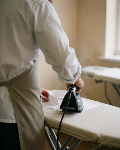 Technicien de réparation de chemises repassant un col blanc sur une planche, dans un atelier aux murs beiges et à la lumière naturelle.