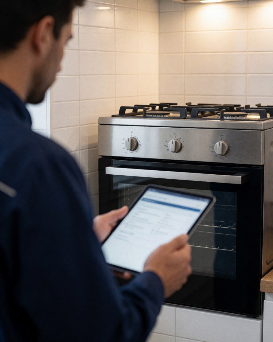 Un technicien en train de vérifier un four à gaz dans une cuisine équipée de carreaux blancs, illustrant un service de réparation en cours.