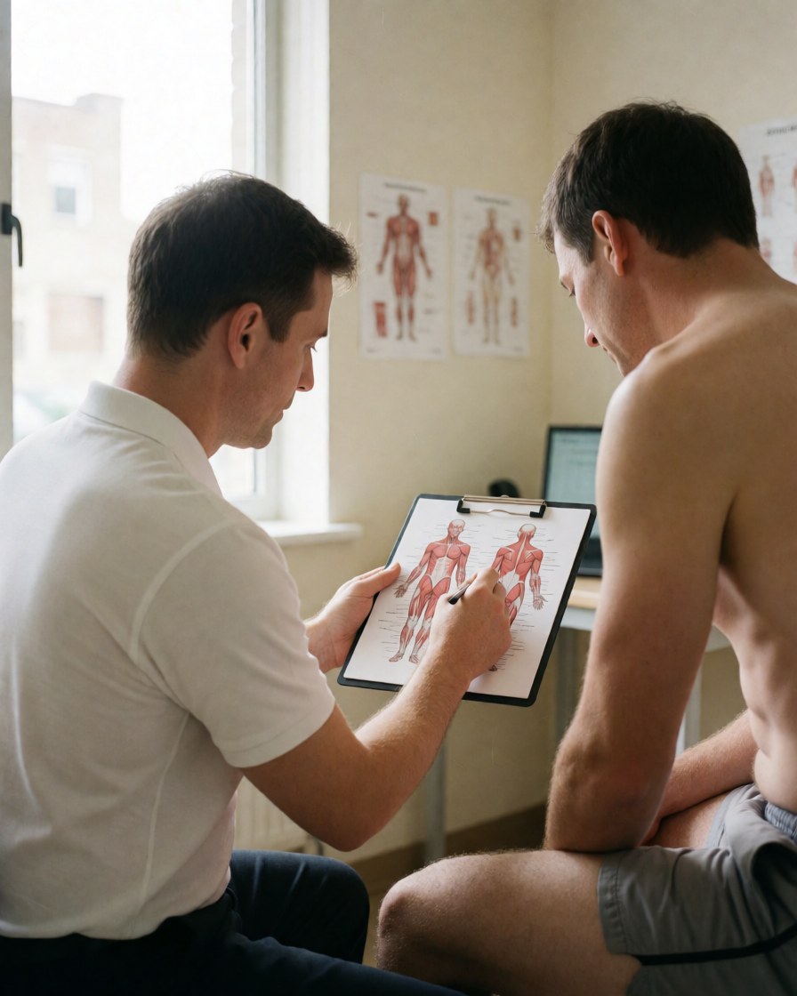 Un thérapeute explique un diagramme musculaire à un client au torse nu dans un cabinet aux murs beige avec des modèles anatomiques visibles.