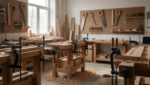 Atelier de restauration de meubles avec tables de travail, outils suspendus et copeaux de bois au sol, éclairé par la lumière naturelle.