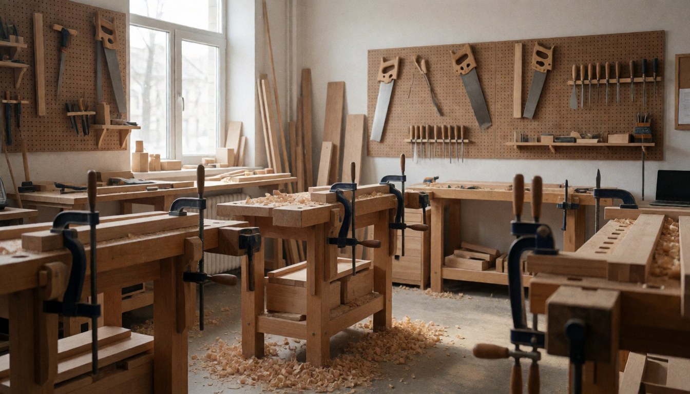 Atelier de restauration de meubles avec tables de travail, outils suspendus et copeaux de bois au sol, éclairé par la lumière naturelle.