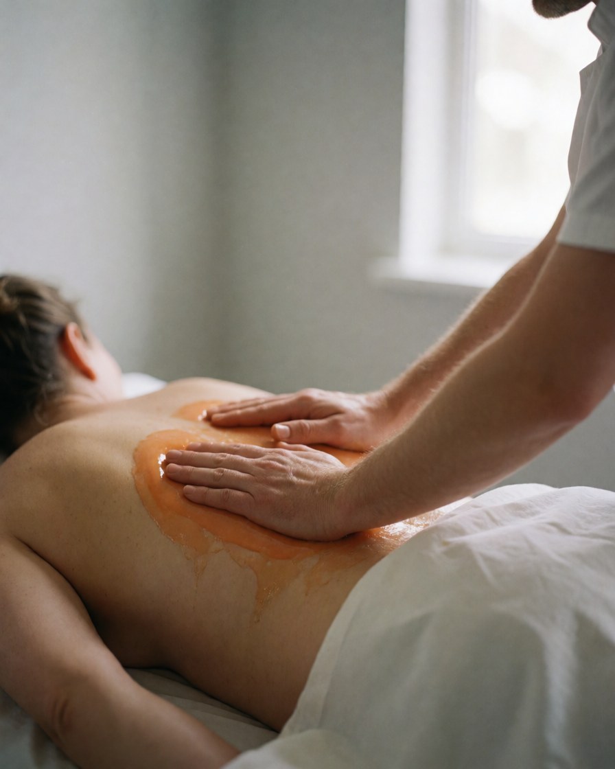 Thérapeute effectuant un massage suédois sur le dos d'un client détendu, utilisant de l'huile d'orange brillante, dans un cadre professionnel avec lumière naturelle.