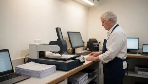Un homme en tablier utilise un scanner plat dans un bureau propre et bien éclairé, avec une pile de documents à proximité.