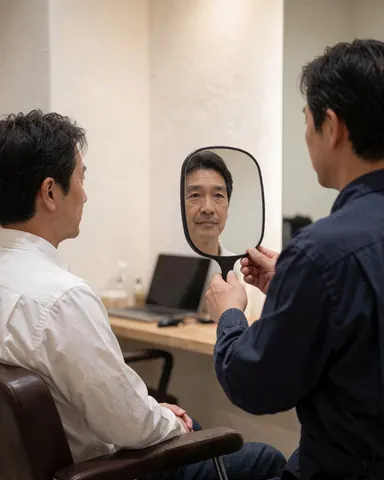 Un client observe son visage nettoyé dans un miroir, au sein d'un salon de beauté aux tons chaleureux et à la lumière naturelle.