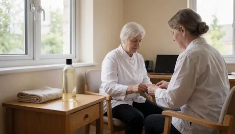 Un professionnel du massage geriatrique applique des soins sur les mains d'un client assis, avec une bouteille d'huile et une serviette sur une table en bois.