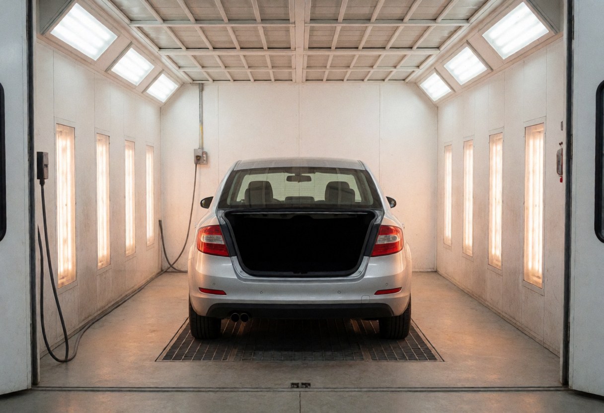 Voiture argentée dans une cabine de peinture équipée de panneaux chauffants, sur un sol en béton avec lumière naturelle entrant par les fenêtres