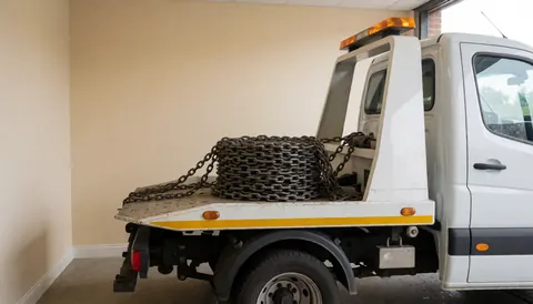 Remorqueur blanc équipé d'une chaîne épaisse sur une plateforme, avec des murs beige en arrière-plan, idéal pour illustrer les services de remorquage et de transport.