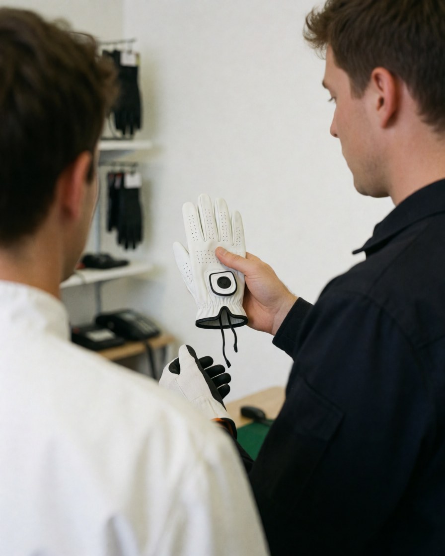 Vue arrière d'une cliente examinant un gant de golf dans un magasin, avec des étagères de gants en arrière-plan.