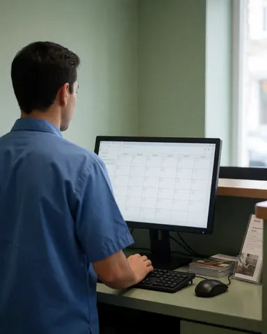 Réceptionniste dans un auberge travaillant sur un ordinateur avec calendrier, murs verts et lumière naturelle, ambiance professionnelle et ordonnée.