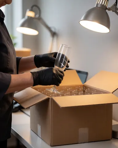 Des mains portant des gants noirs placent délicatement des flûtes à champagne dans une boîte en carton sous l'éclairage d'un bureau.
