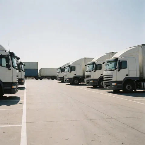 Plusieurs camions semi-remorques blancs alignés dans un parc de stationnement portuaire, avec des conteneurs de fret en arrière-plan sous un soleil éclatant.