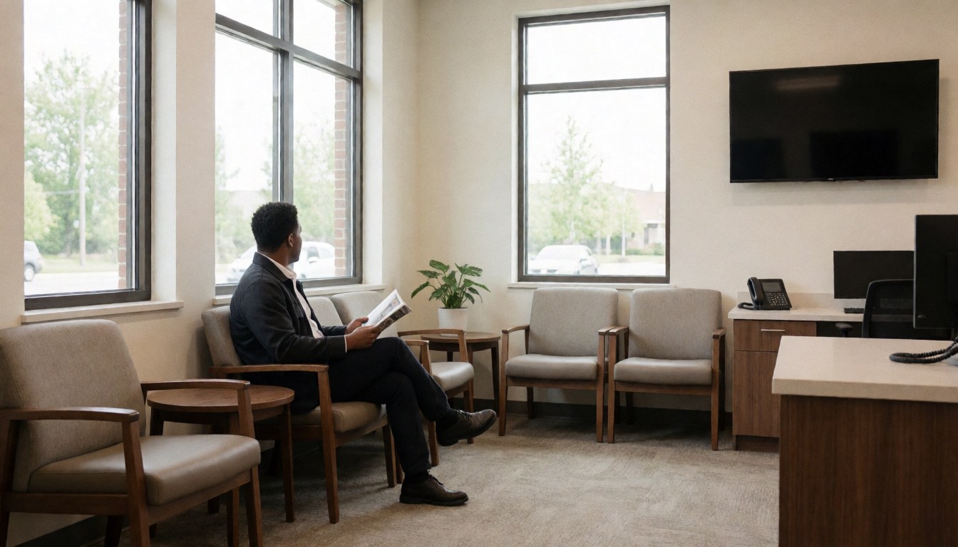 Un client lit une revue dans un salon d'attente moderne avec de grandes fenêtres et des meubles confortables, idéal pour une entreprise de réparation de montres.