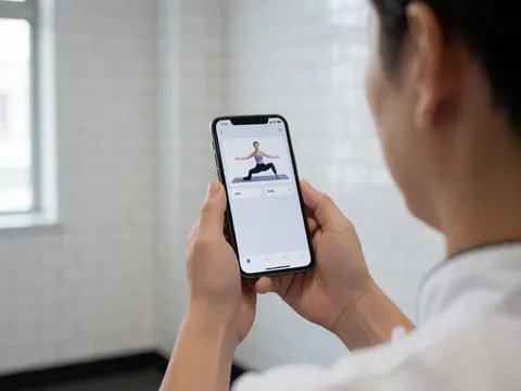 Vue rapprochée d'une personne utilisant une application de yoga sur son smartphone dans un gymnase aux murs carrelés blancs.
