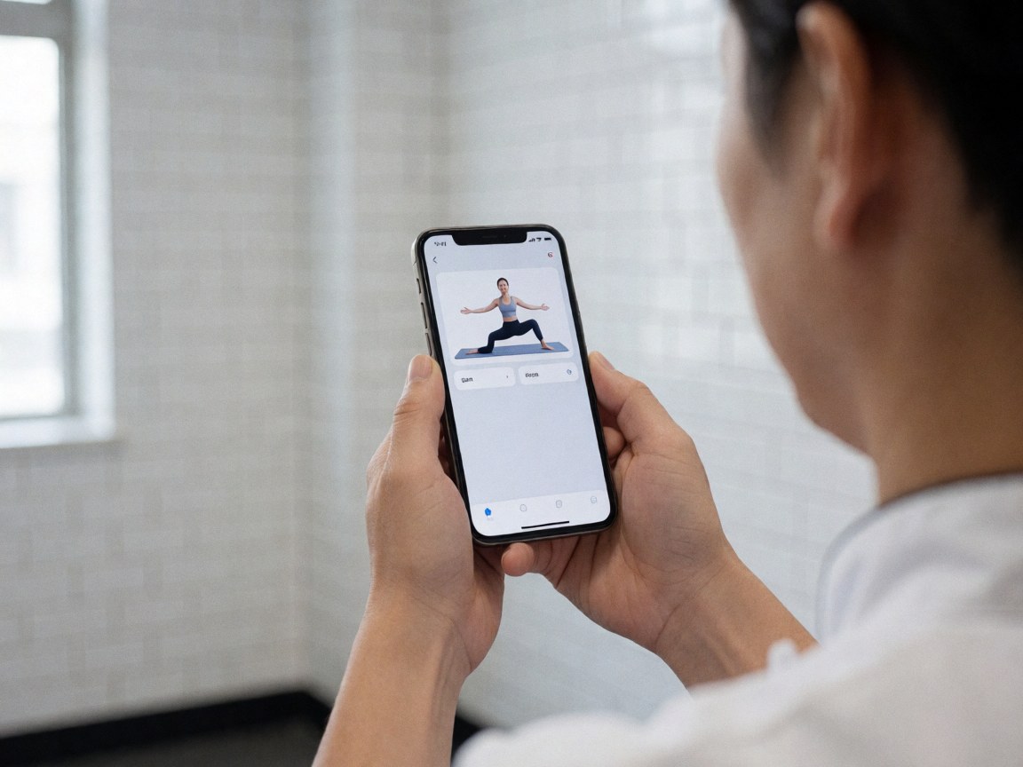 Vue rapprochée d'une personne utilisant une application de yoga sur son smartphone dans un gymnase aux murs carrelés blancs.
