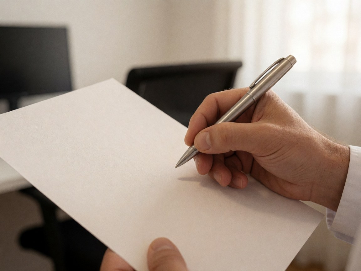 Gros plan d'une main tenant un stylo au-dessus d'un document vide posé sur un bureau moderne dans un bureau lumineux.