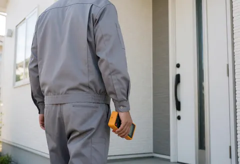 Technicien en uniforme gris tenant un multimètre digital, se dirigeant vers l'entrée d'une maison moderne à façade blanche.