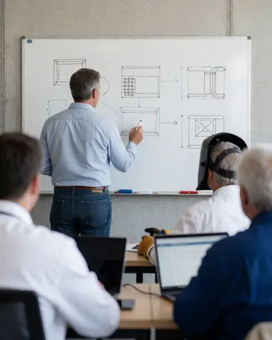 Instructeur en programmation écrivant des diagrammes techniques sur un tableau blanc, étudiants avec des ordinateurs portables en premier plan, murs en béton visibles.