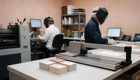 Cartes de visite fraîchement découpées par une machine industrielle dans un atelier d'impression avec des murs en plâtre terracotta.