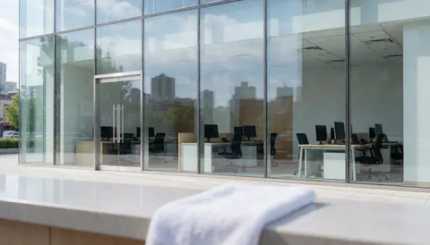Serviette blanche posée sur une façade de verre propre reflétant des bureaux modernes et un ciel dégagé, idéale pour illustrer des services de nettoyage de vitres.