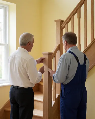 Un menuisier et une cliente vérifient une échelle en bois installée dans une maison aux murs jaunes, baignée de lumière naturelle.