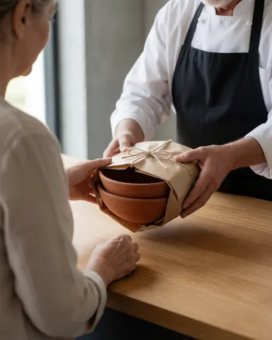 Une cliente reçoit un sac kraft contenant une pièce de céramique dans un atelier, sur une table en bois devant un mur en béton.