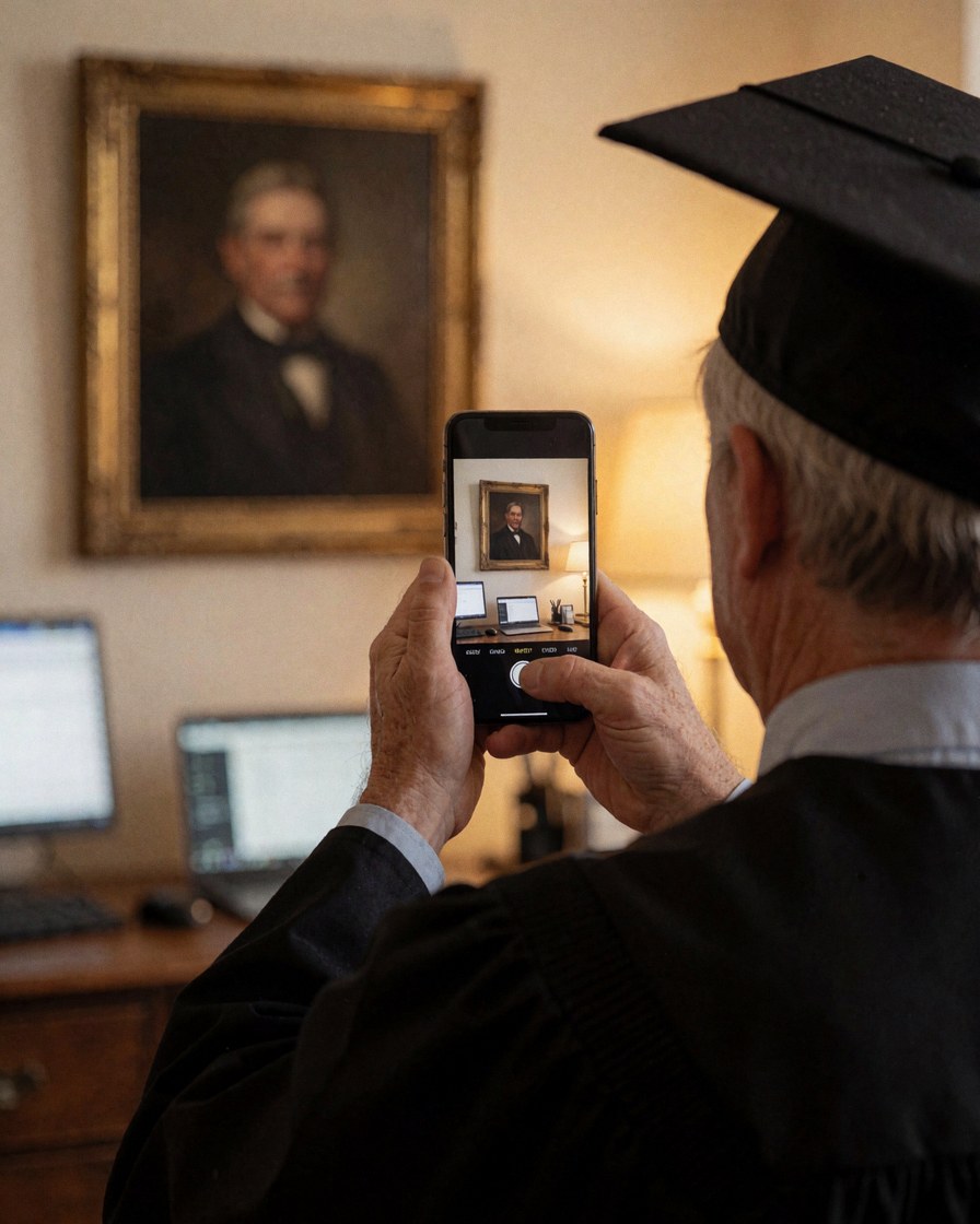 Un diplômé en robe et bonnet prend un portrait avec son téléphone dans un bureau chaleureux avec des ordinateurs.