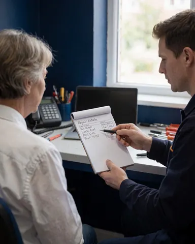 Un technicien explique les coûts de réparation à un client assis, en montrant une estimation écrite dans un carnet, avec des outils sur le bureau et une lumière naturelle provenant d'une fenêtre.