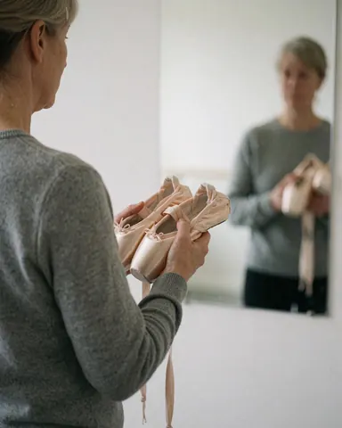 Une femme adulte regarde son reflet dans un miroir, vêtue de chaussures de danse sur pointes, dans un studio aux murs blancs, se préparant pour un cours.