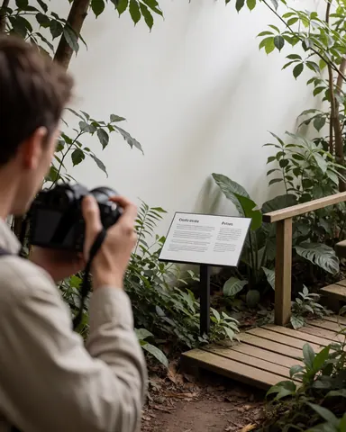 Un visiteur tient un appareil photo pour photographier un panneau informatif situé sur un chemin en bois entouré de végétation dans un zoo.