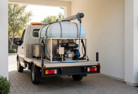 Camion mobile de lavage équipé d'un réservoir d'eau et d'une pompe, stationné sur un sol pavé, prêt à intervenir pour un service de nettoyage professionnel.
