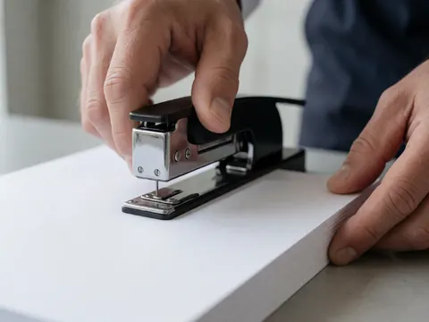 Main appuyant sur une agrafeuse posée sur une pile de papier blanc, détail d'un bureau moderne avec un mur uni et du métal brillant.