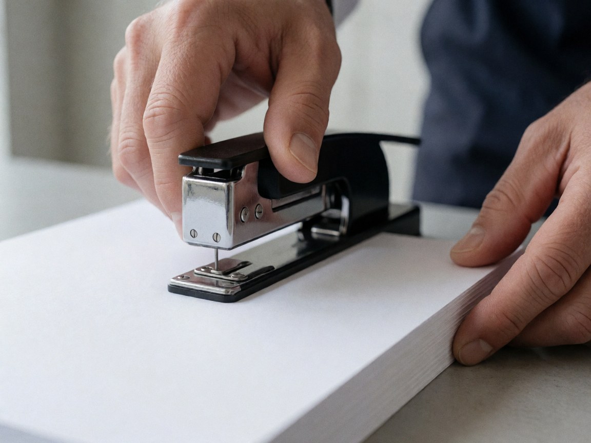 Main appuyant sur une agrafeuse posée sur une pile de papier blanc, détail d'un bureau moderne avec un mur uni et du métal brillant.