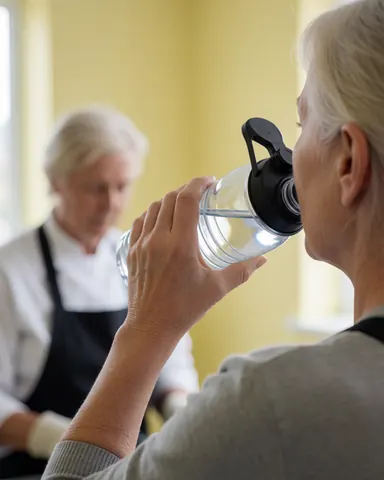 Une femme boit de l'eau d'une gourde dans un gymnase avec des murs jaunes et une lumière naturelle, une autre personne est visible en arrière-plan.