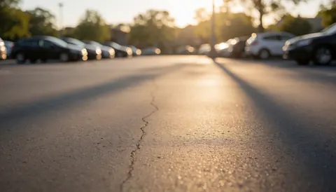 Parking à thème avec des voitures floues, un asfalté fissuré et la lumière dorée du coucher du soleil, idéal pour ajouter du texte.